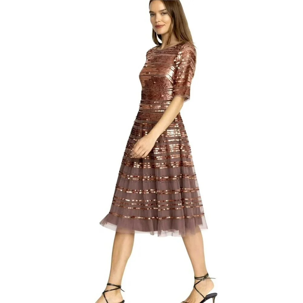 Johnny Was Sepia Mesh Copper Sequins Midi Dress Evening Sz 10 New